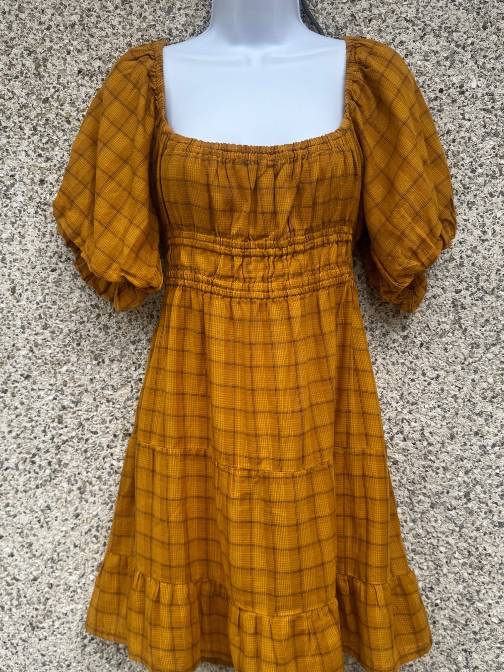 Roxy Mustard Plaid Smocked Mini Dress